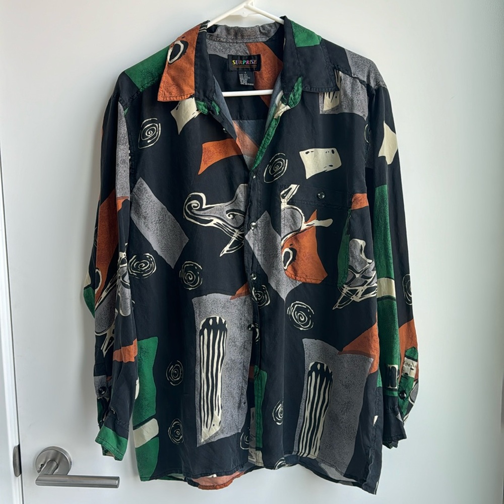 80's 90's VINTAGE  Silk Geometric Boho Blouse